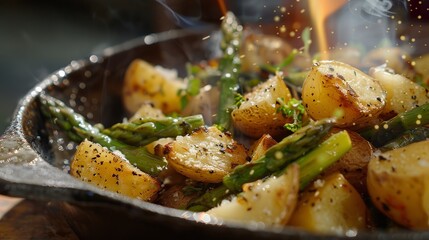 Roasted potatoes and asparagus on white plate
