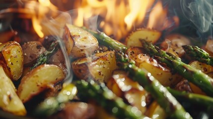 Roasted potatoes and asparagus on white plate