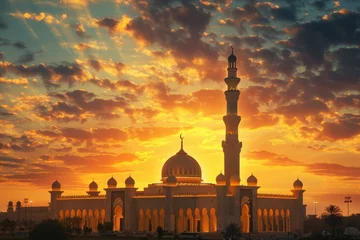 Fotobehang Mosque silhouetted against sunset sky in a city landscape © Odesza