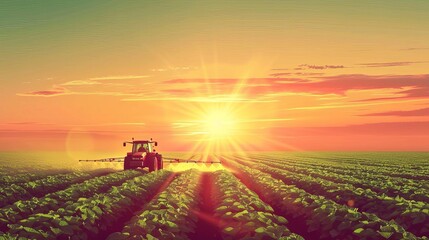 aerial view of tractor spraying pesticides on green soybean field at sunset vector illustration - obrazy, fototapety, plakaty