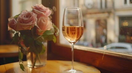 Glass of rose wine on wooden table. Wine background in cafe