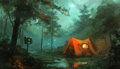 Illustrate a surreal dystopian future where advanced gadgets are integrated into traditional camping in a wilderness setting, depicted in an impressionist style with soft, dreamy textures