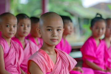 Group of children monks wearing pink robes sit in a circle