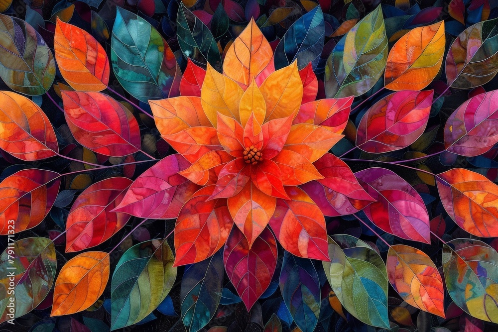 Poster A vibrant painting showcasing a colorful flower surrounded by numerous lush green leaves in a lively and dynamic composition