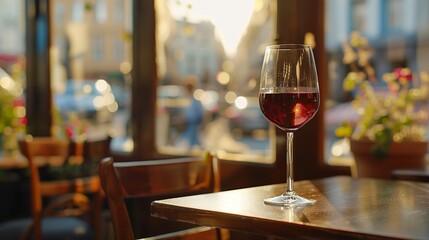 Glass of red wine on wooden table. Wine background in cafe