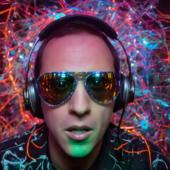 Party DJ with Reflective Sunglasses in Vibrant Club Setting