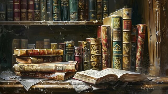 antique books with ornate covers and aged pages literary treasure in historic library digital painting