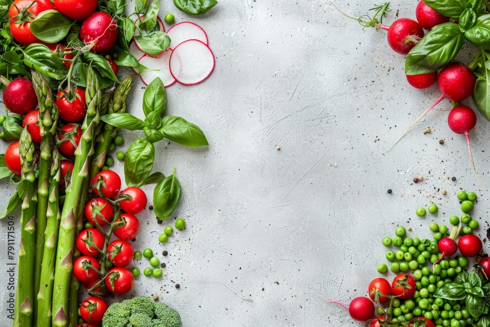 Poster a table covered with an assortment of fresh vegetables of different colors and sizes, including toma