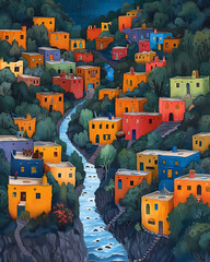 Colorful Houses and River in New Mexico, USA - Vibrant Painting Art