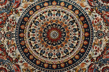 A detailed view of a rug featuring a circular design with intricate patterns and colors