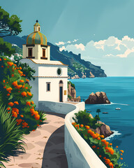 Vibrant Amalfi Coast Travel Illustration: White Building with Gold Dome on Cliff Overlooking Ocean