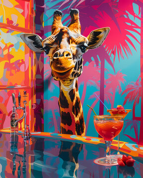 Psychedelic Pop Art Painting: Giraffe at Miami Poolside Cocktail Bar