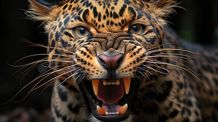 Obraz premium Fierce leopard roaring in close-up.Generative ai.