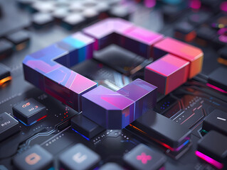 Purple and Blue Pause Logo for Gaming Restaurant Sandwich on Keyboard - obrazy, fototapety, plakaty