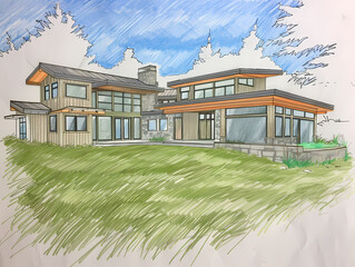 Charcoal Sketch Drawing of West Coast Modern House with Skillion Roofline at Sunset, Vibrant Art