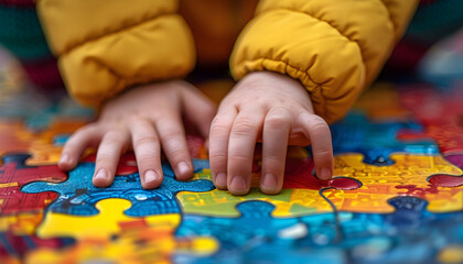 An image of an autistic child's hand against a colorful puzzle background, representing sensory development and therapy for special needs children.