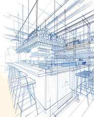 Panoramic Pencil Sketch of Vibrant Cafe Bar with Bottles and Shelves, Blue Line Artwork for Screen Printing