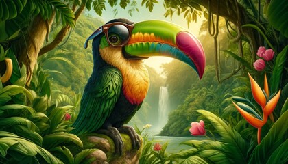 A vibrant bird with colorful feathers sitting on top of a dense and vibrant green forest