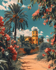 Mali, Africa Path Building Palm Trees Flowers Vibrant Painting Art Background