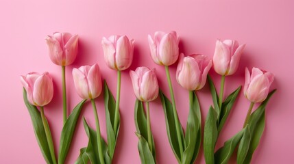 Fototapeta premium Pink Tulip Bouquet on Pastel Pink Background with copy space. Valentine's Day, Birthday, Happy Women's Day, Mother's Day. 