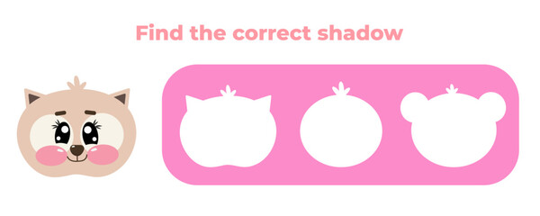 Find the correct shadow of cute kawaii cat, kitten. Educational preschool kids, children mini game. Choose correct answer. Matching game