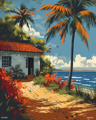 Colorful Handcrafted Painting of a Beach House, Venezuela, South America