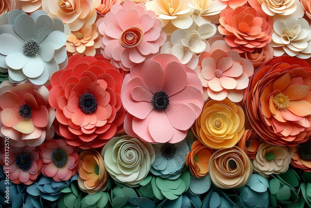 Aufkleber various paper flowers in different shapes and colors are artfully arranged on a wall, creating a dec
