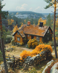 Colorful Painting: Vibrant House in the Scenic Swedish Forest