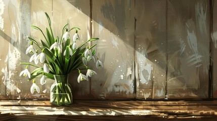delicate bouquet of snowdrops on rustic wooden background spring floral still life digital painting - obrazy, fototapety, plakaty