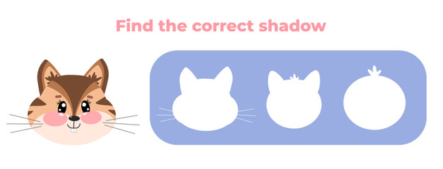 Find the correct shadow of chipmunk. Matching education game for children, kids. Cute kawaii chipmunk face animal. Educational preschool mini game