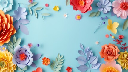 Fototapeta na wymiar Colorful handmade paper flowers on light blue background with copy space in the center