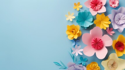 Colorful handmade paper flowers on light blue background with copy space in the center