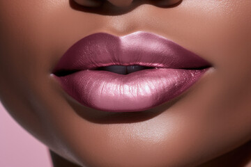Dazzling pink-hued lips with metallic shimmer, reflecting precise makeup artistry and glossy finesse.