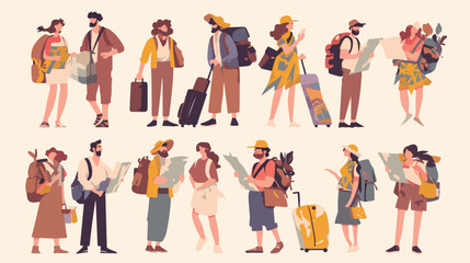 Collection of male and female travelers with map st