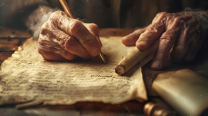 elderly mans hand writing on an old manuscript digital illustration showcasing wisdom knowledge and experience
