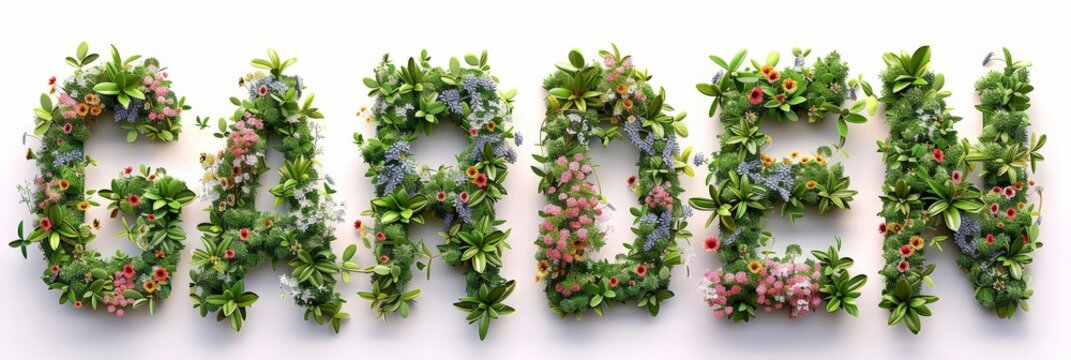A group of plants arranged in the shape of letters to spell out the word garden 