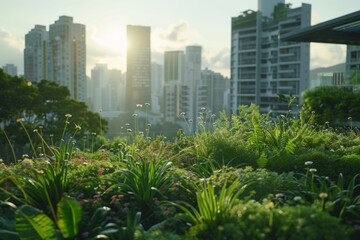 Fototapeta premium Environmentally friendly green city architecture skyscraper design urban planning nature leaves trees plants oxygen producing vertical garden eco-aware buildings tall modern town buildings