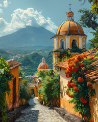 Vibrant Guatemalan Art Street Depicting Steeple and Mountain