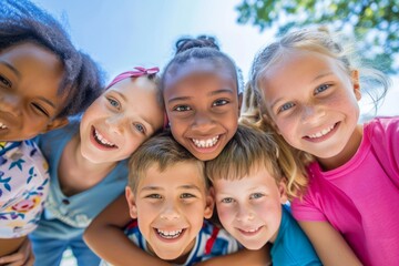 group of smiling multicultural kids looking at camera in park on sunny day