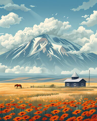 Fototapeta premium Vibrant Armenian Art: Horse Grazes in Field with Flowers and Mountain
