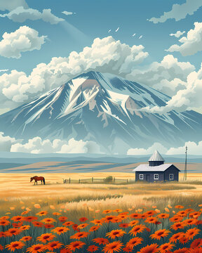 Vibrant Armenian Art: Horse Grazes in Field with Flowers and Mountain