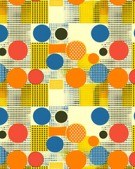 Colorful Geometric Retro Background With Orange, Yellow, And Blue Circles And Squares
