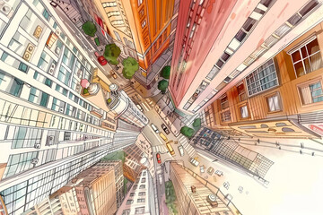 Top-Down View of Urban Bustle: A Futuristic Cityscape with Soaring Offices and Vibrant Art