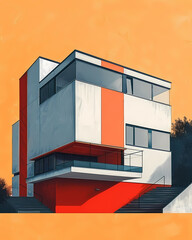 Flat Geometric Architecture Building in Vibrant Color Style, Highlighting Stairs and Trees