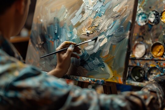 An artist paints on an easel with a brush, creating a masterpiece