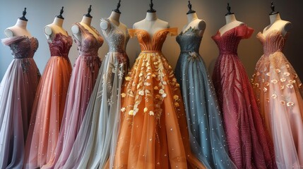 A variety of prom dresses are showcased on display in a boutique, featuring different styles, colors, and designs for customers to browse