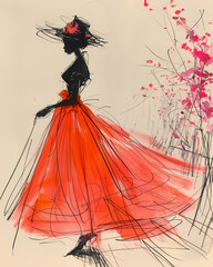 Vibrant Fashion Art: Artistic Woman Sketch in Flowing Red Dress