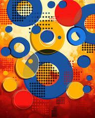 Retro Art Colorful Circles and Dots Painting, Orange Yellow Blue Solid Colors Simple Colors Lively Artwork Abstract Background Full Width