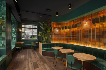 Modern and luxurious restaurant interior with vibrant painting, golden metal grid and round green premium bench
