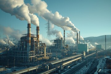 A large industrial complex with multiple smokestacks billowing dark smoke into the sky